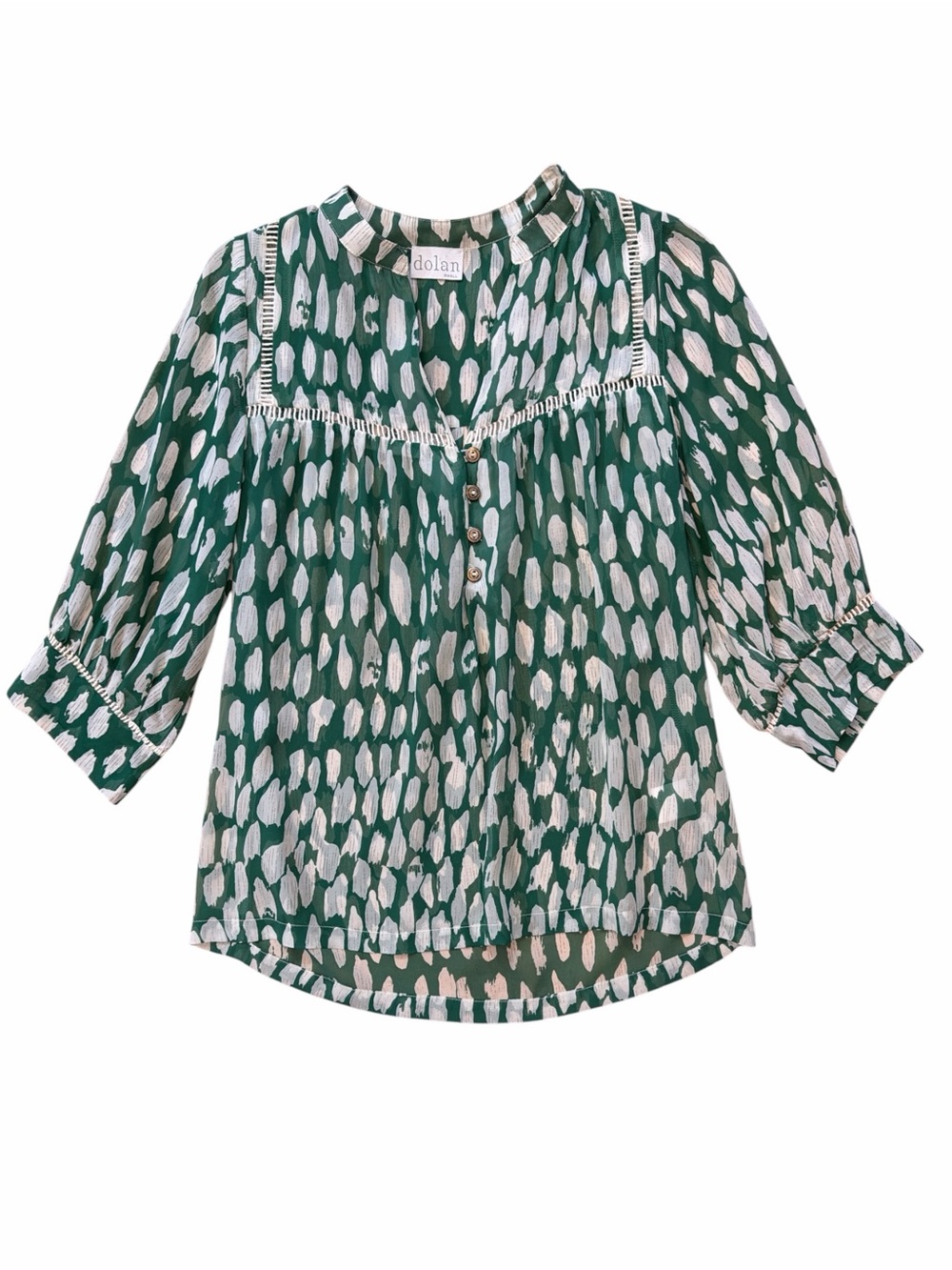 Dolan Anthropologie Sheer Silk Green & White Printed Peasant Top